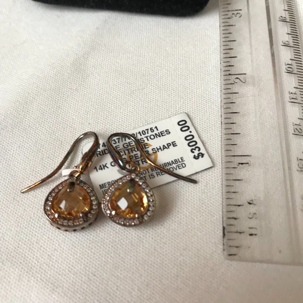 NWT Macy's Bridge Gemstones - 14kt Gold o/Silver Pear Shape Citrine Drop Earring
